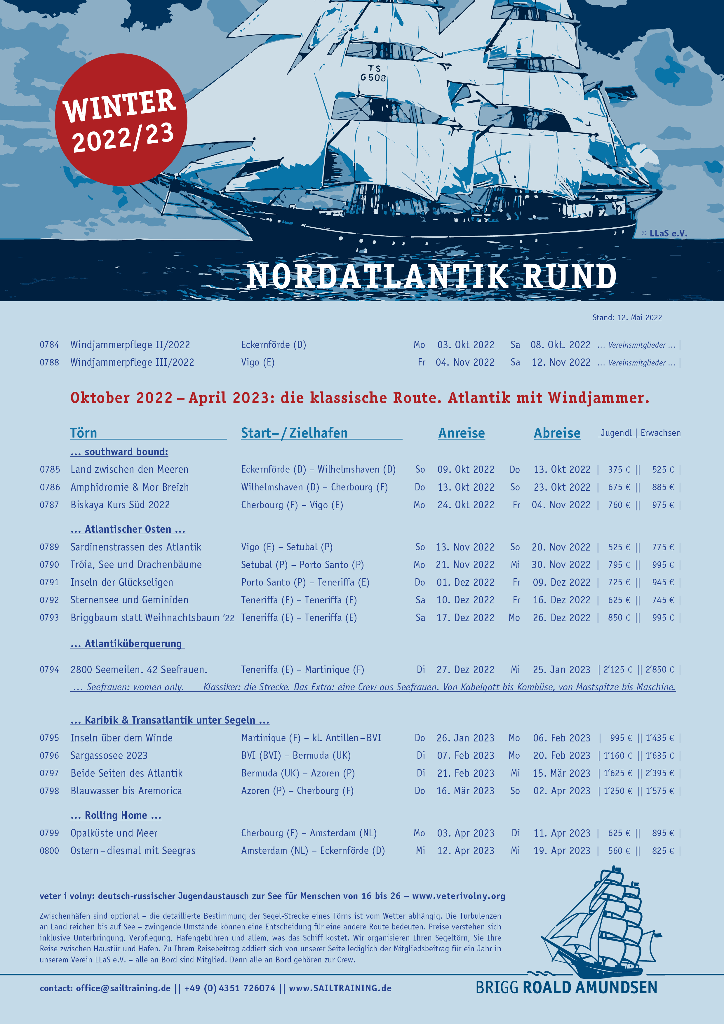 Törnplan|VoyageSchedule | Brigg ROALD AMUDNSEN | Winter 2022/23