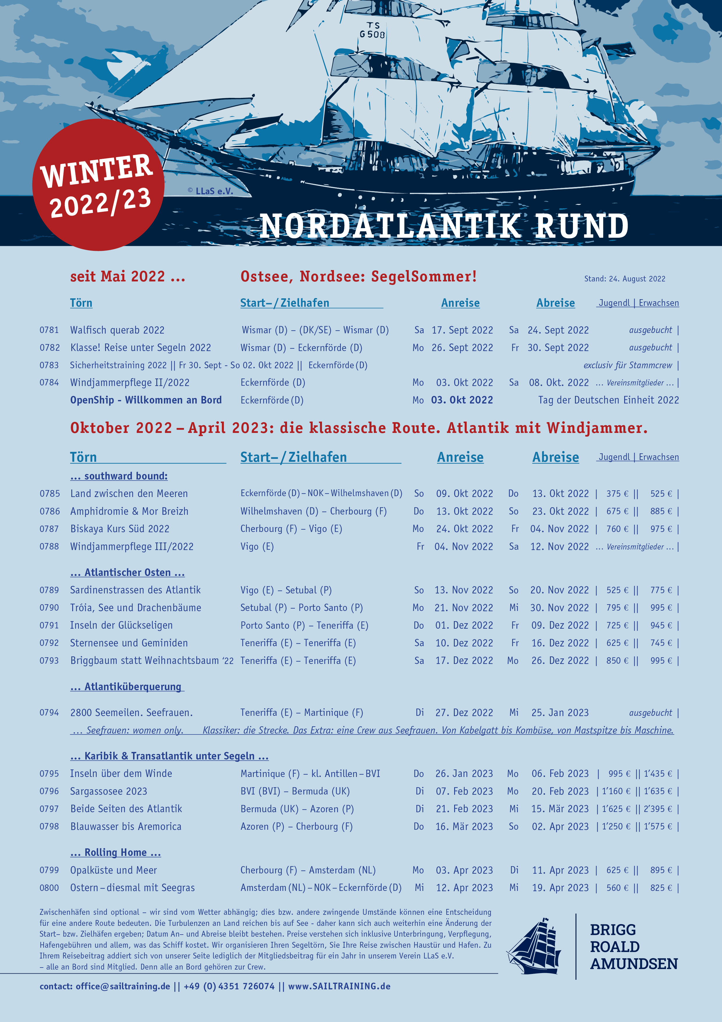 Törnplan|VoyageSchedule | Brigg ROALD AMUDNSEN | Sommer 2022/2023